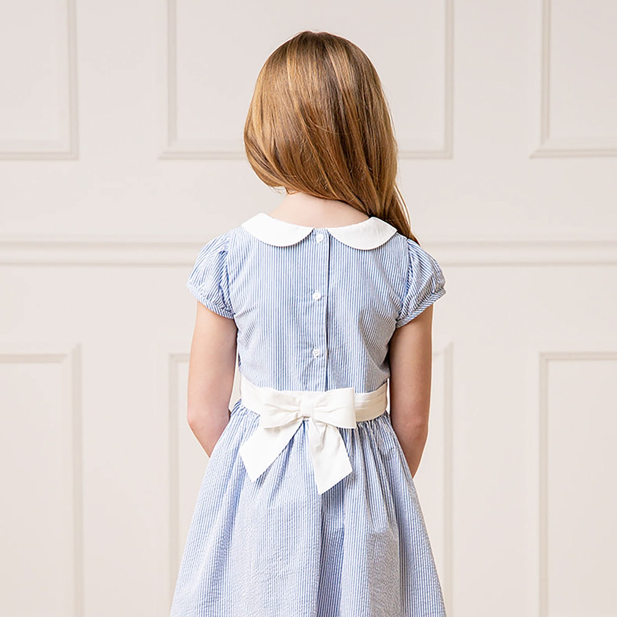 Organic Seersucker Peter Pan Collar Dress - Blue - Image 7