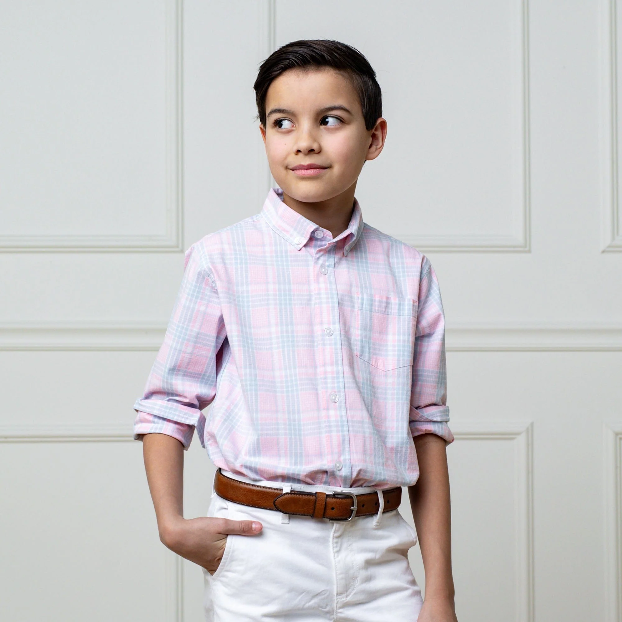 Organic Stretch Poplin Shirt - Pink Petal Plaid - Image 2