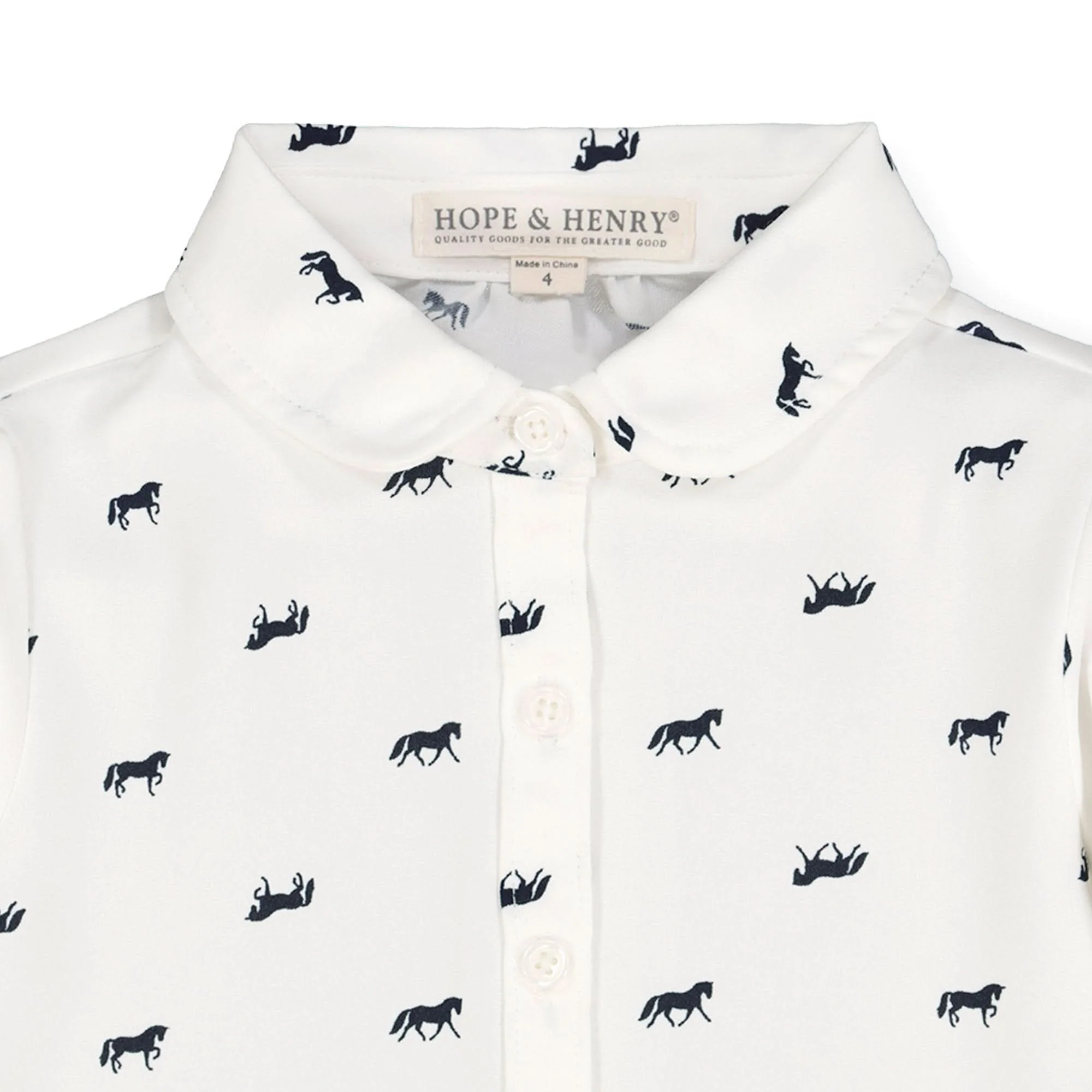 Peter Pan Collar Top - Soft White with Navy Horse Print - Image 2