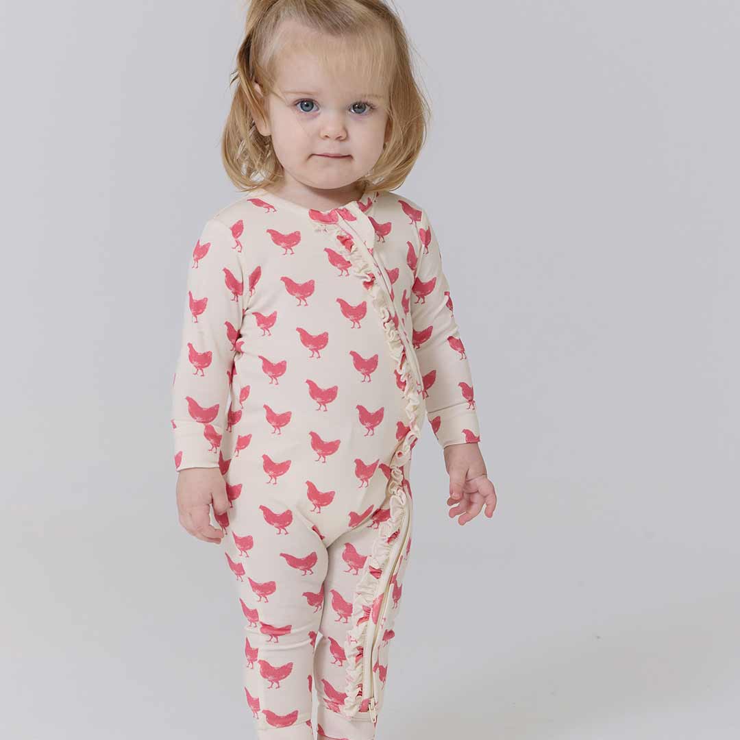 Bamboo Ruffle Convertible Footie Romper - Pink Chickens - Image 2