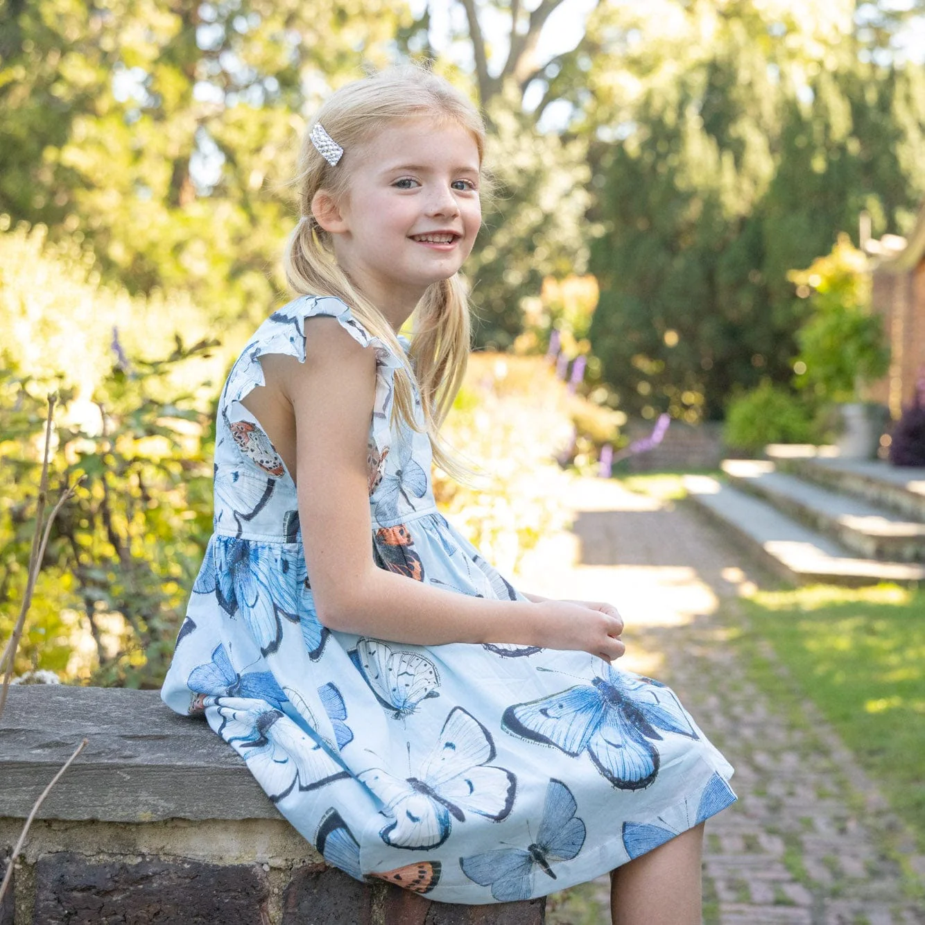 Cotton Elsie Dress - Blue Vintage Butterflies - Image 3