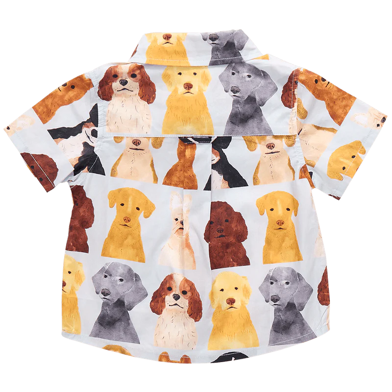 Cotton Short Sleeve Jack Shirt - Light Blue Watercolor Dogs - Image 2