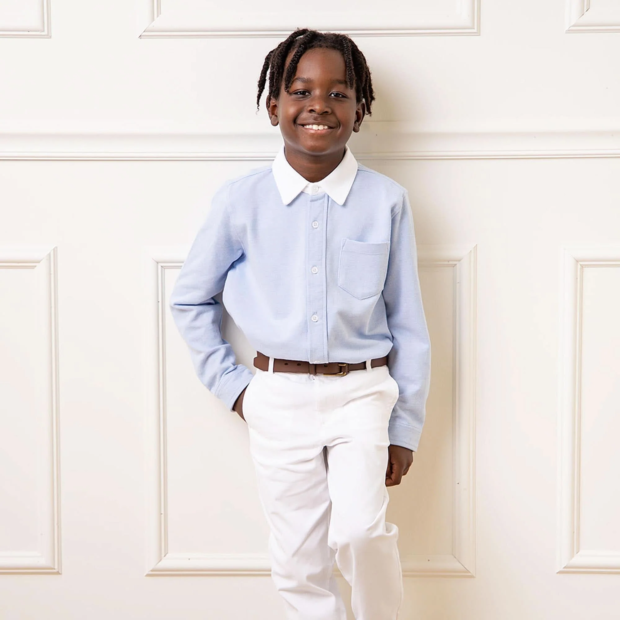 Pique Organic Button Down Shirt - Light Blue with White Collar - Image 2