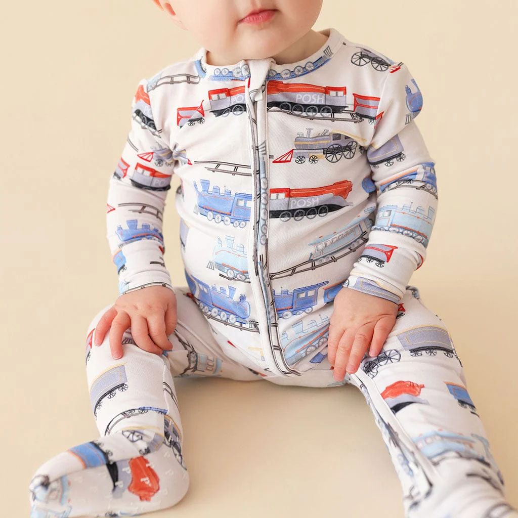 Bamboo Convertible Footie Romper - Landon (Trains) - Image 2