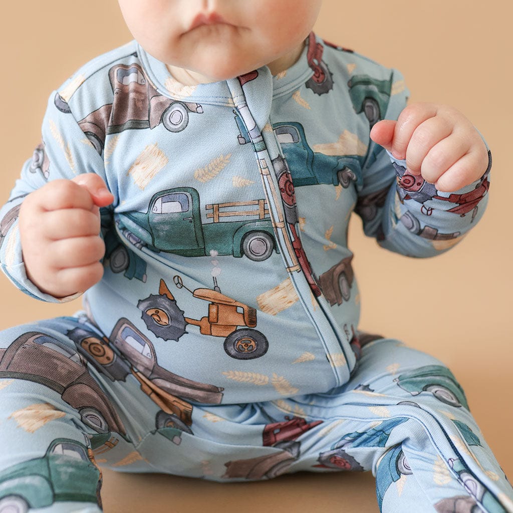 Bamboo Footie with 2-Way Zipper - Corbin (Farm Vehicles) - Image 2