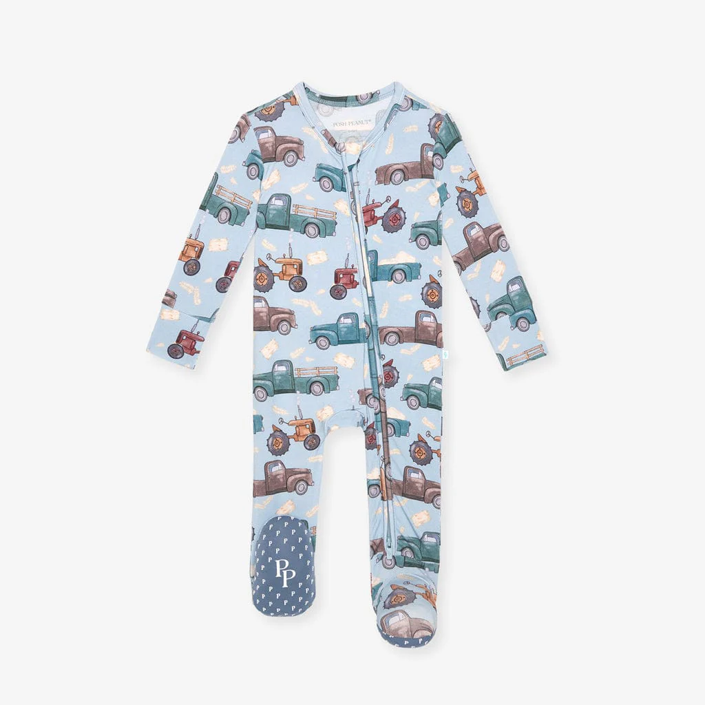 Bamboo Footie with 2-Way Zipper - Corbin (Farm Vehicles) - Image 3