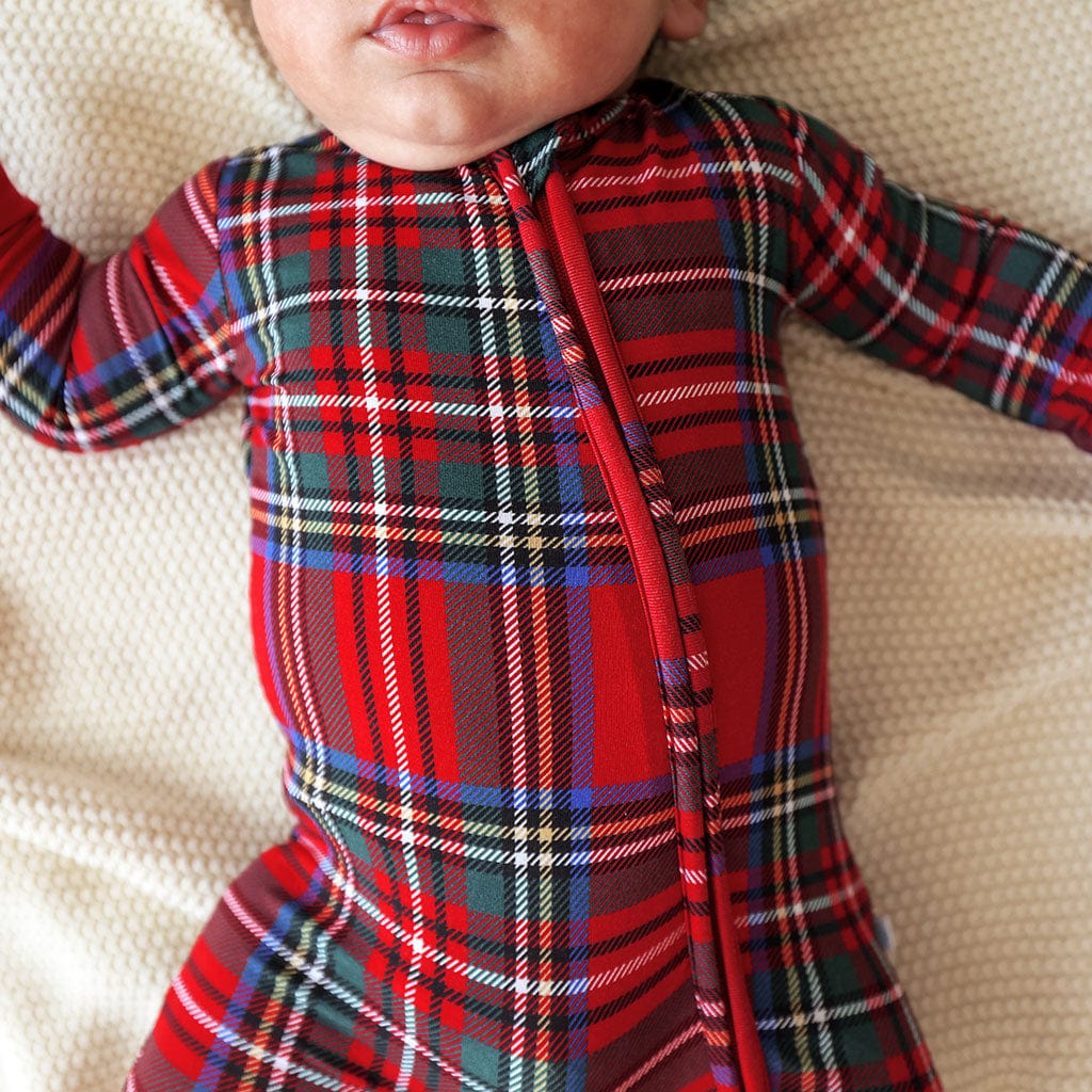 Bamboo Footie with 2-Way Zipper - Red Tartan Plaid - Image 2