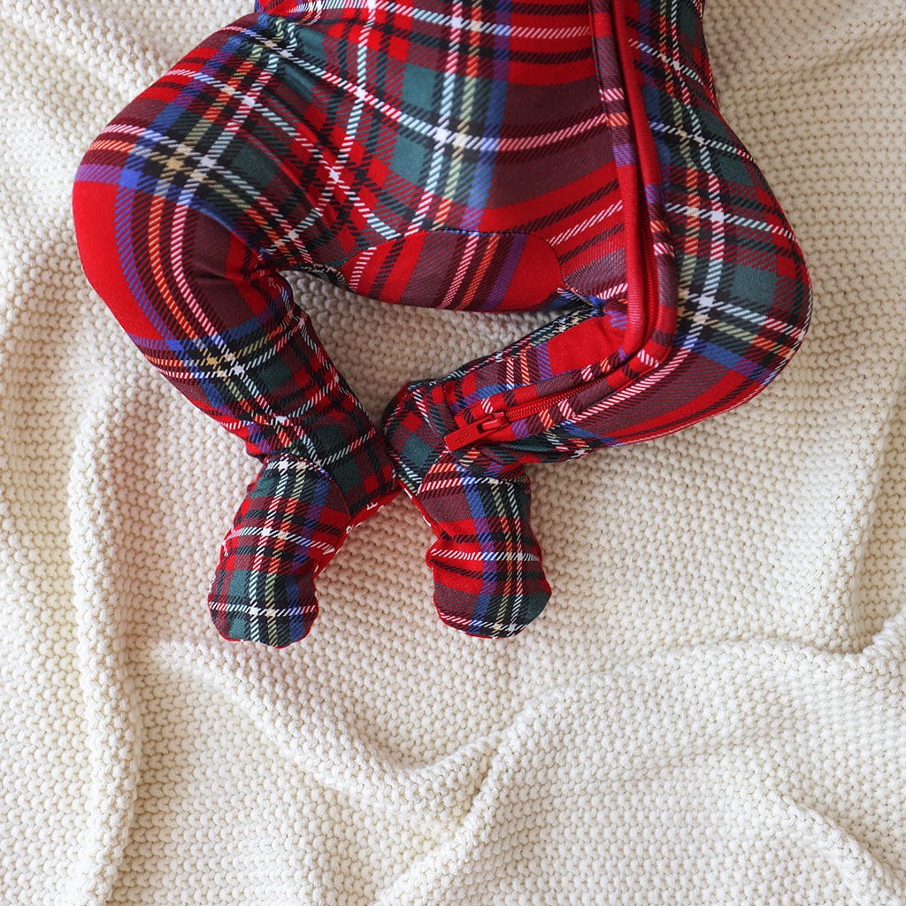 Bamboo Footie with 2-Way Zipper - Red Tartan Plaid - Image 3