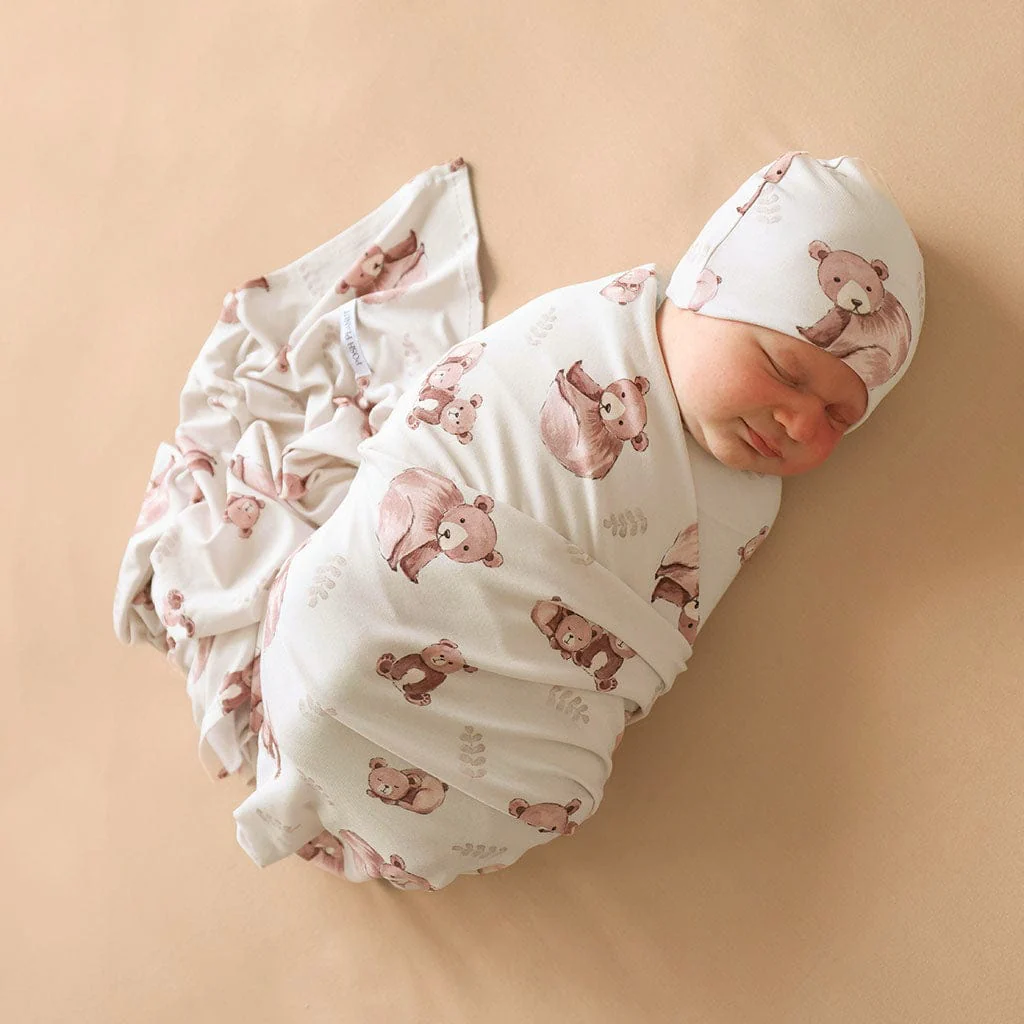 Bamboo Infant Swaddle and Beanie Set - Bernard (Bear)