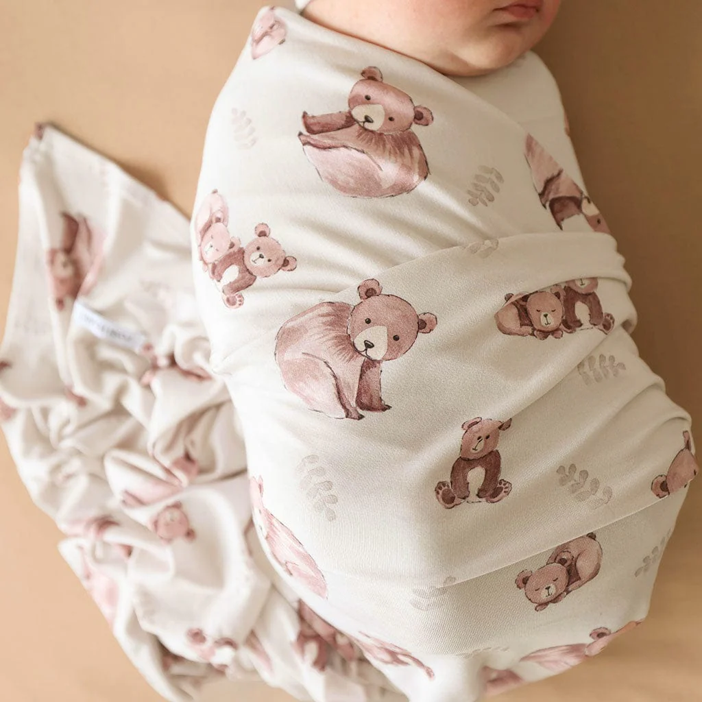Bamboo Infant Swaddle and Beanie Set - Bernard (Bear) - Image 2