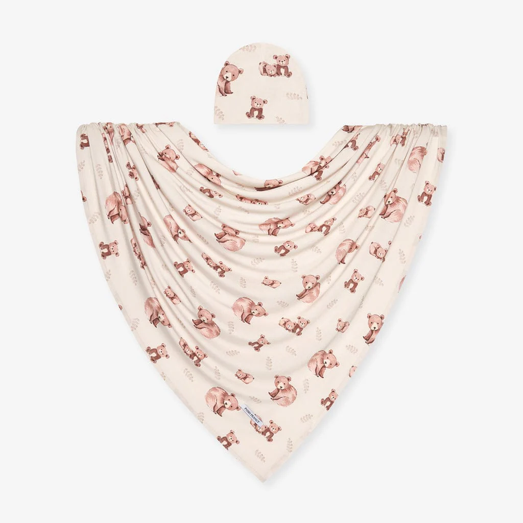 Bamboo Infant Swaddle and Beanie Set - Bernard (Bear) - Image 3