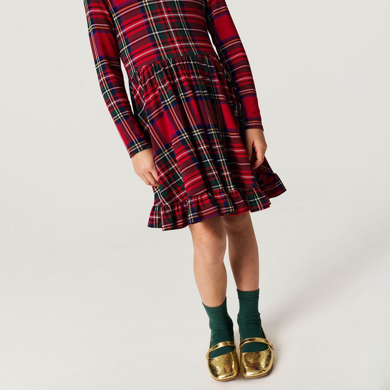 Bamboo Long Sleeve Ruffled Twirl Dress - Red Tartan Plaid - Image 2