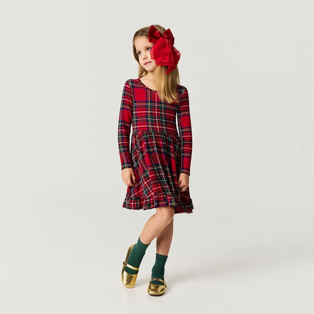 Bamboo Long Sleeve Ruffled Twirl Dress - Red Tartan Plaid - Image 3