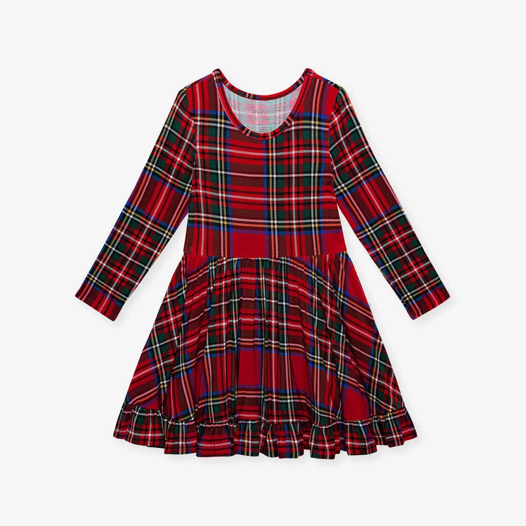 Bamboo Long Sleeve Ruffled Twirl Dress - Red Tartan Plaid - Image 4