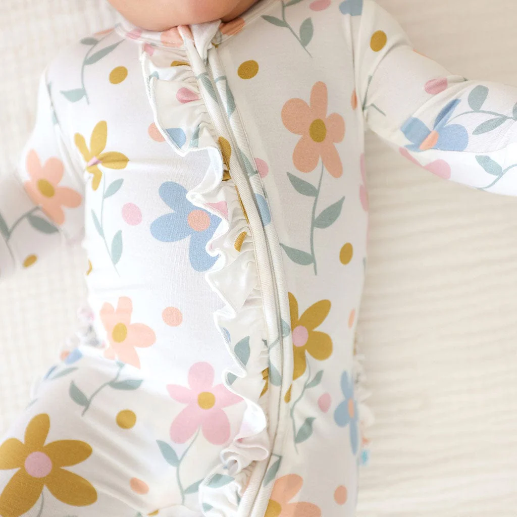Bamboo Ruffle Footie with 2-Way Zipper - Daisy (Florals) - Image 2