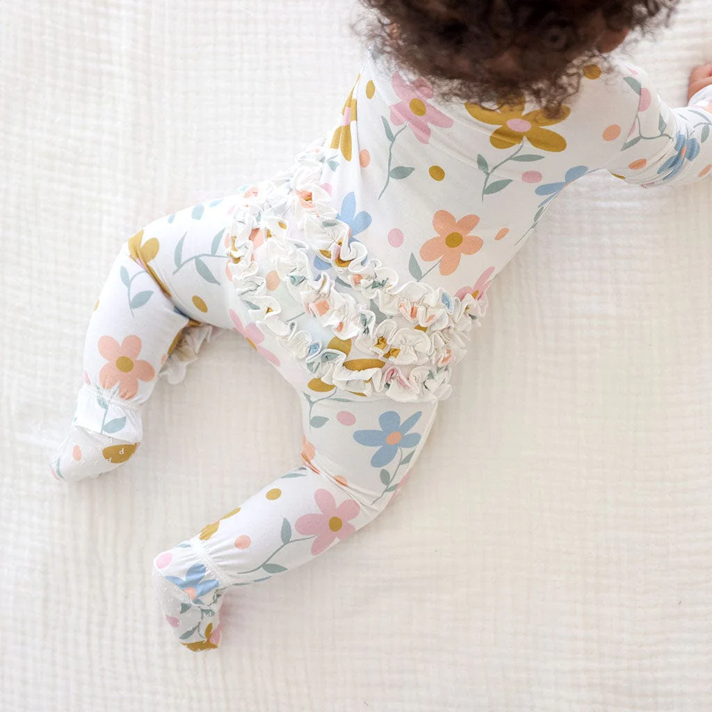 Bamboo Ruffle Footie with 2-Way Zipper - Daisy (Florals) - Image 3