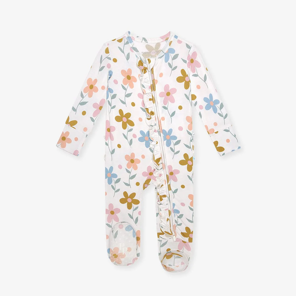 Bamboo Ruffle Footie with 2-Way Zipper - Daisy (Florals) - Image 5