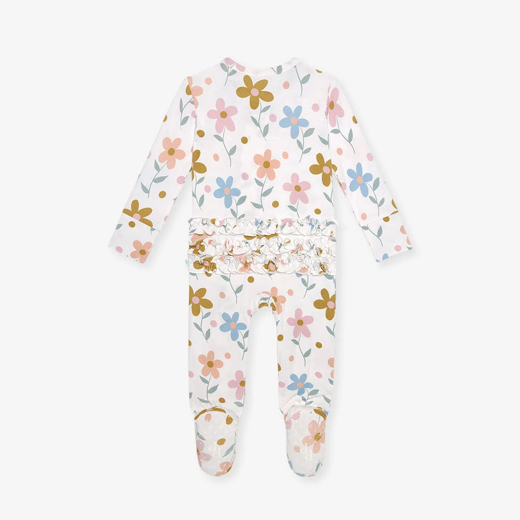 Bamboo Ruffle Footie with 2-Way Zipper - Daisy (Florals) - Image 6