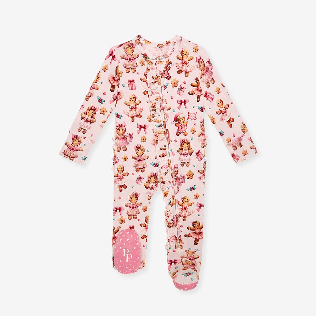 Bamboo Ruffle Footie with 2-Way Zipper - Ginger Posh (Gingerbread Cookies) - Image 6