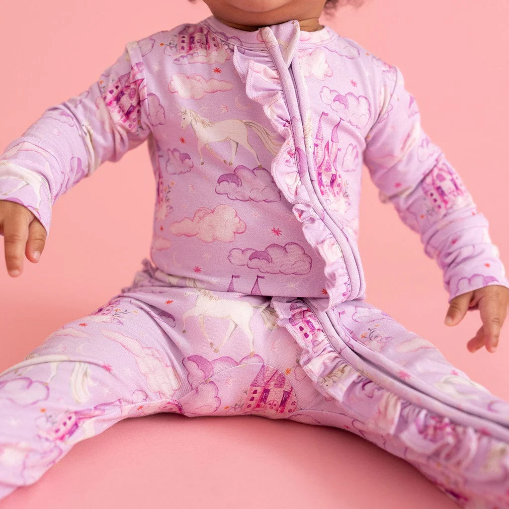 Bamboo Ruffle Footie with 2-Way Zipper - Lilith (Unicorns) - Image 2