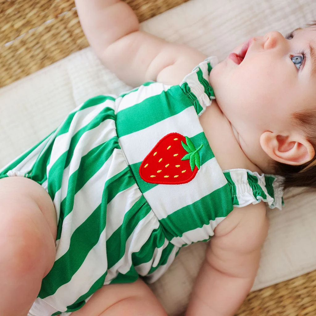 Bamboo Ruffled Strap Bubble Romper - Strawberry Stripe - Image 2