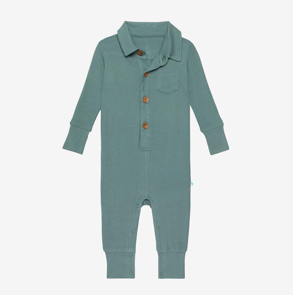 Boy's Bamboo Long Sleeve Collared Henley Romper - Arctic Waffle - Image 2