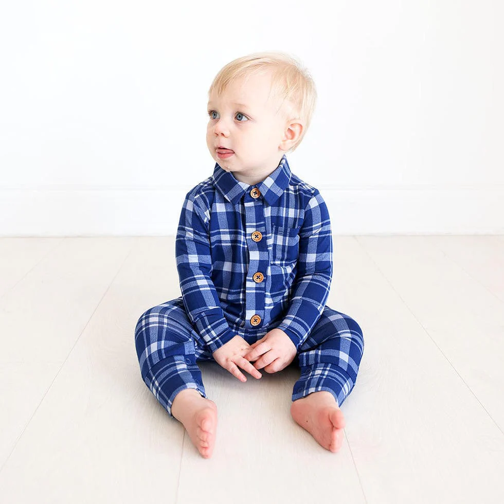 Boy's Long Sleeve Collared Henley Romper - Owen (Plaid) - Image 2