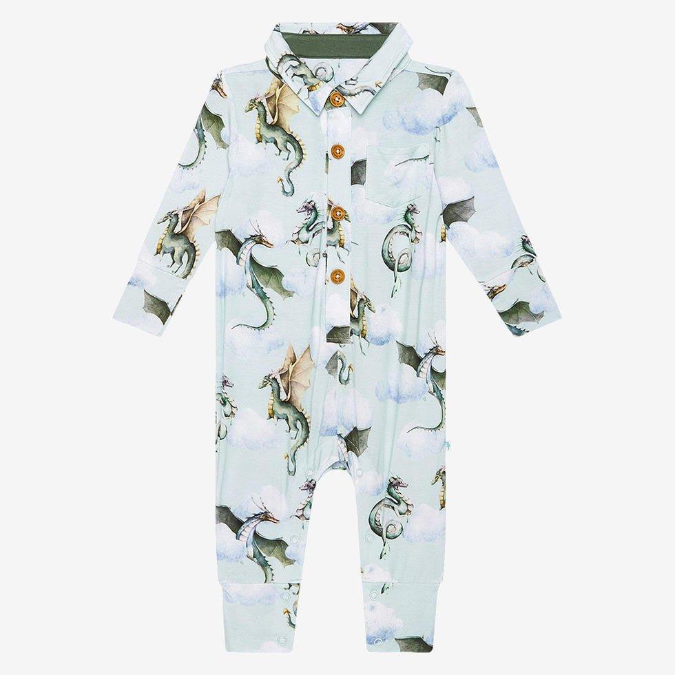Boy's Bamboo Long Sleeve Collared Henley Romper - Percy (Dragons)