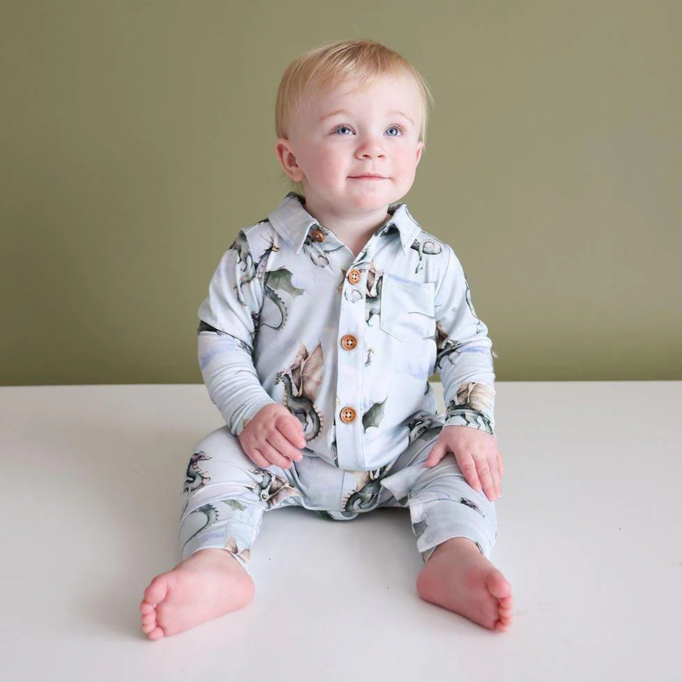 Boy's Bamboo Long Sleeve Collared Henley Romper - Percy (Dragons) - Image 2
