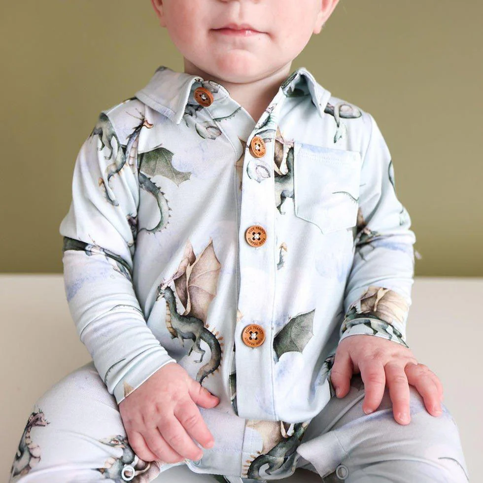 Boy's Bamboo Long Sleeve Collared Henley Romper - Percy (Dragons) - Image 3