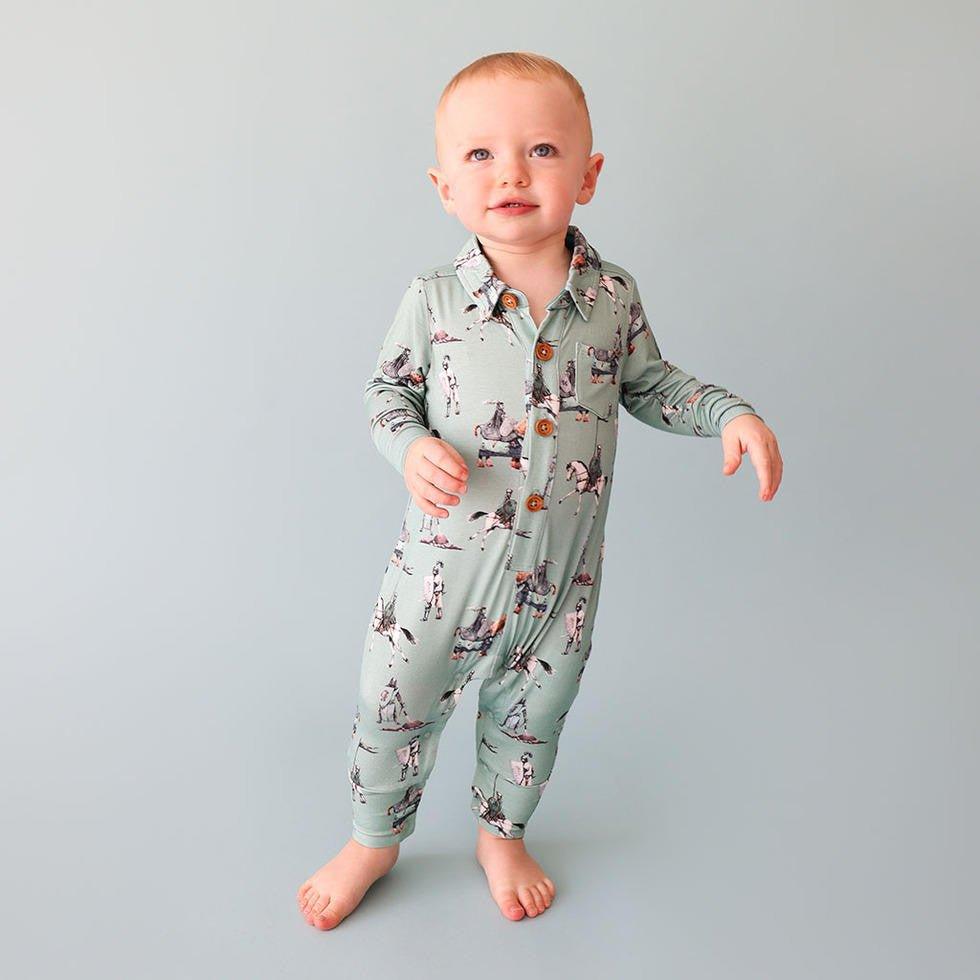 Boy's Bamboo Long Sleeve Henley Romper, Wallace (Knights) - Image 2