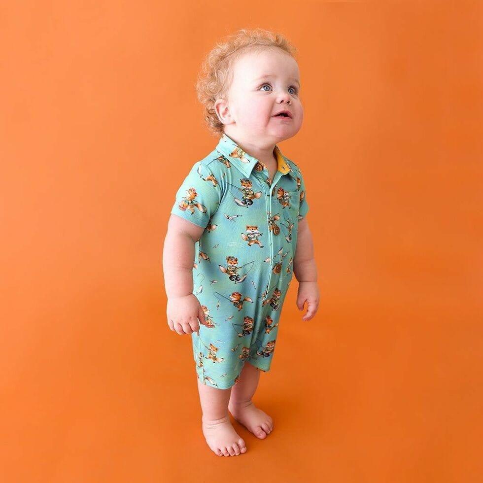 Boy's Bamboo Short Sleeve Collared Henley Romper - Arlo (Foxes) - Image 2