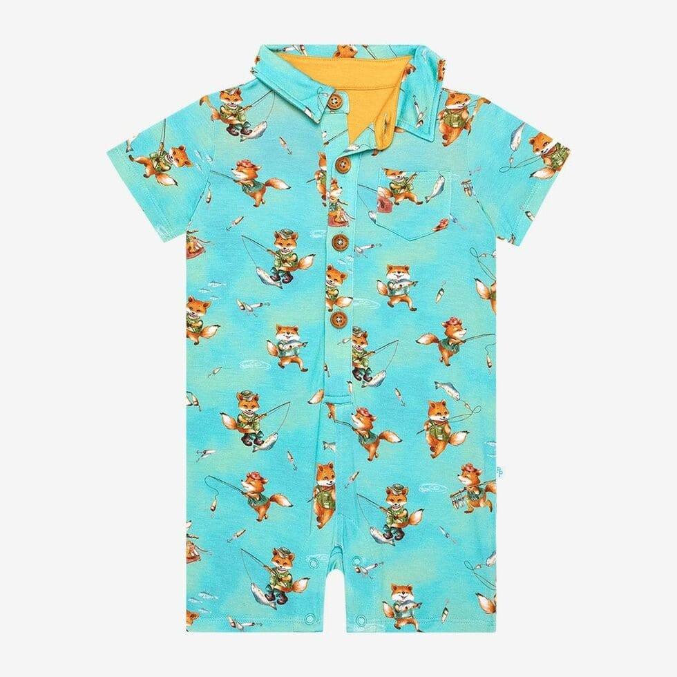 Boy's Bamboo Short Sleeve Collared Henley Romper - Arlo (Foxes) - Image 3