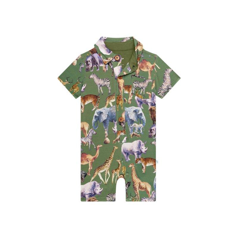 Boy's Bamboo Short Sleeve Collared Henley Romper - Posh Safari - Image 2