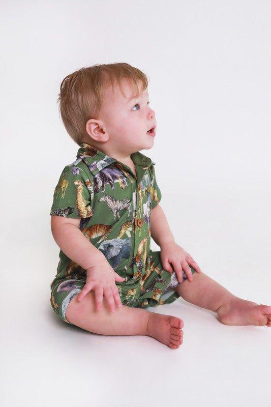 Boy's Bamboo Short Sleeve Collared Henley Romper - Posh Safari - Image 3