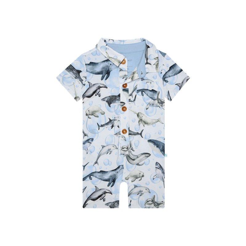 Boy's Bamboo Short Sleeve Collared Henley Romper - Sharkly - Image 2