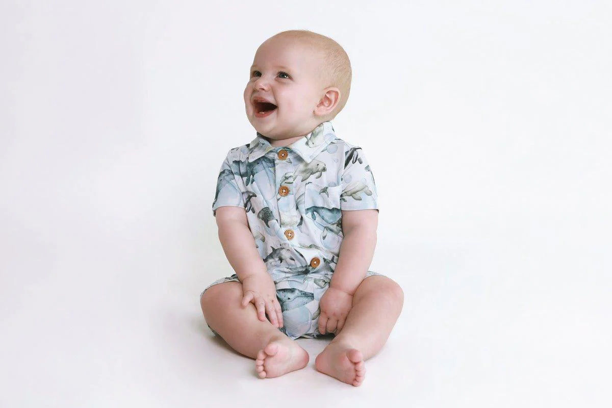 Boy's Bamboo Short Sleeve Collared Henley Romper - Sharkly - Image 3