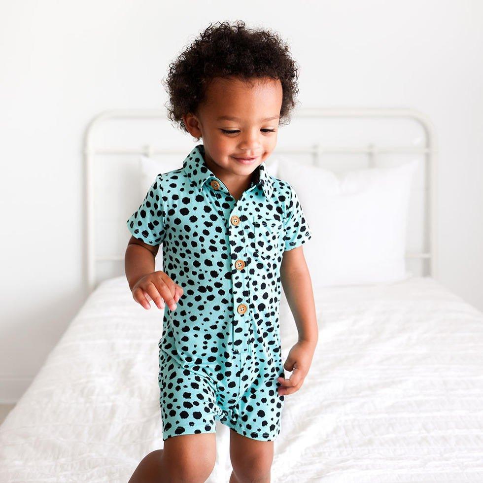 Boy's Bamboo Short Sleeve Collared Henley Shorts Romper - Pebbles (Cheetah Print) - Image 2
