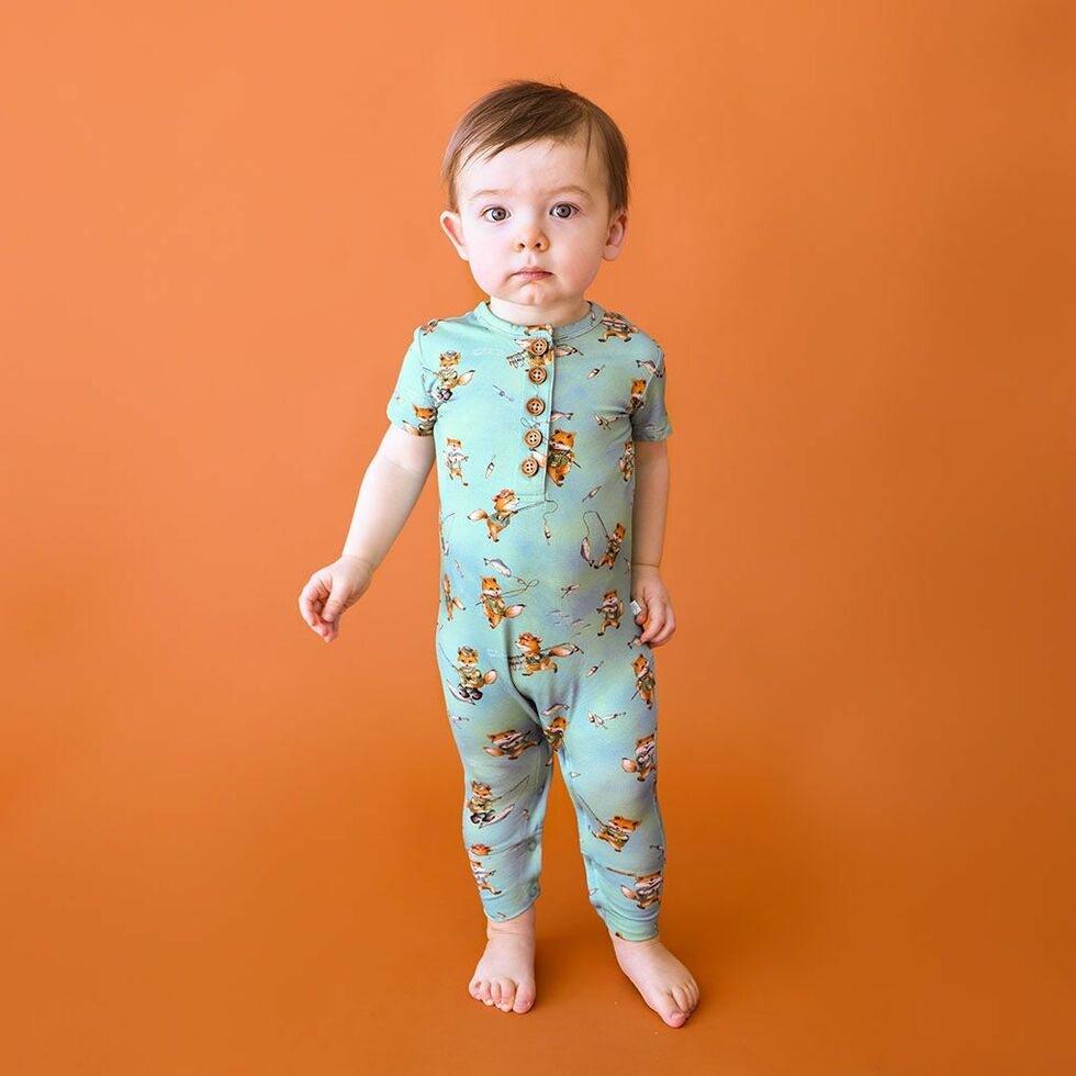 Boy's Bamboo Short Sleeve Henley Romper - Arlo (Foxes) - Image 2