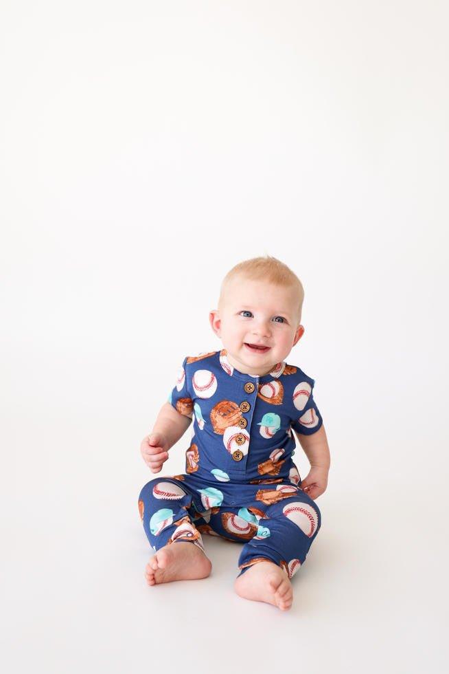 Boy's Short Sleeve Henley Romper - Homer (Baseball) - Image 2