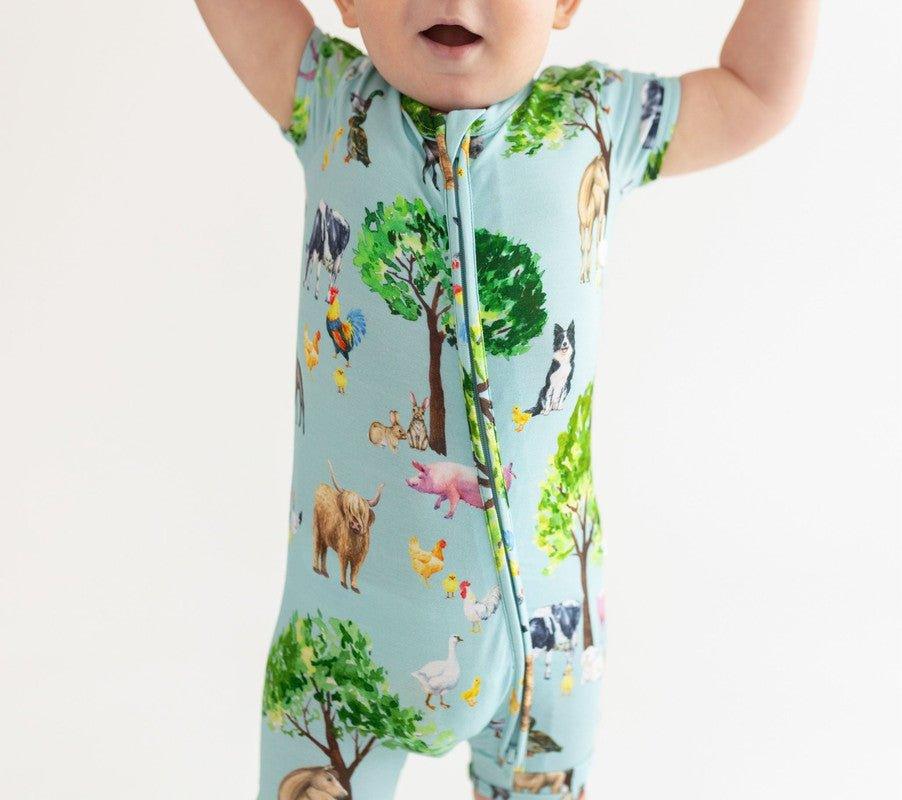 Boy's Bamboo Short Sleeve Zipper Shortie Romper - Brayden (Farm Animals) - Image 2