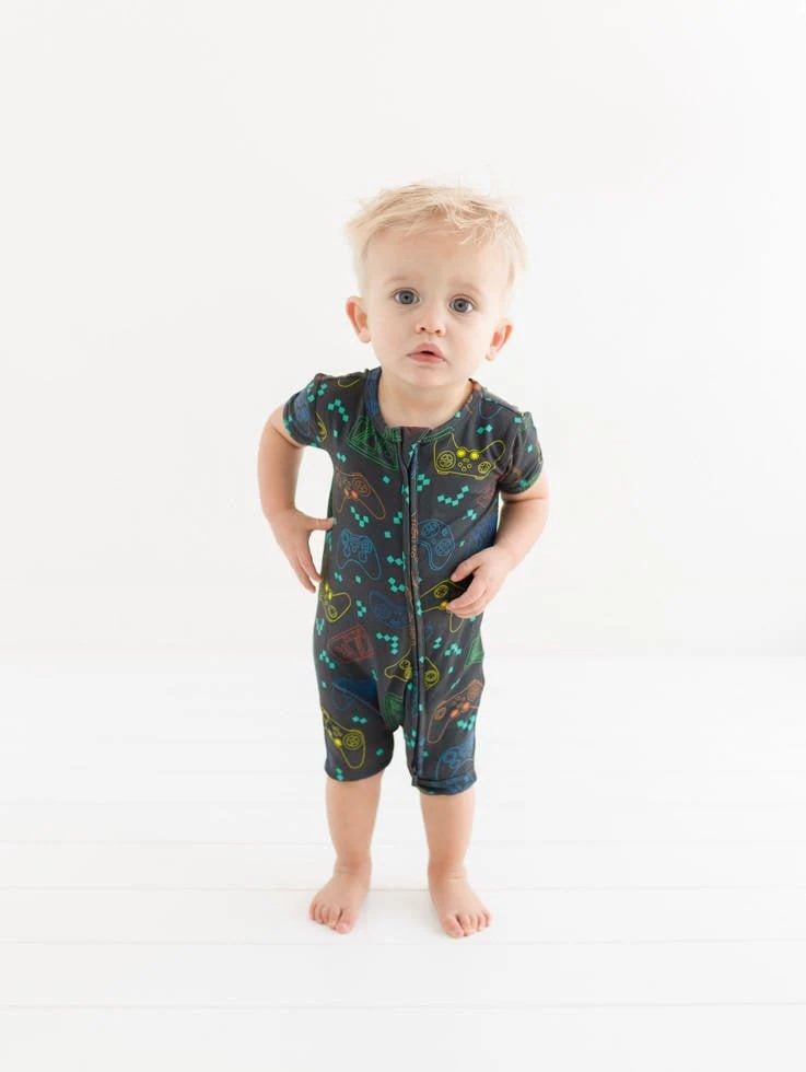 Boy's Bamboo Short Sleeve Zipper Shortie Romper - Posh Player One - Image 3