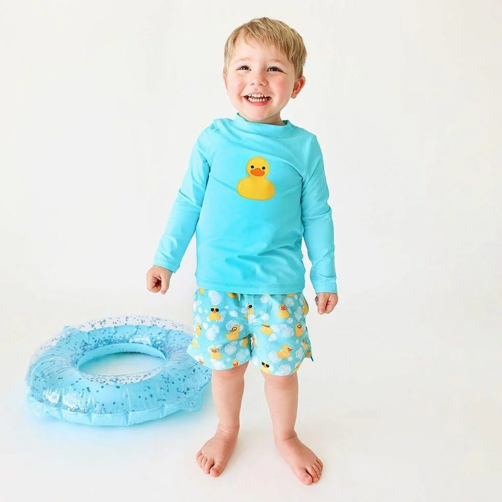 Boy's Swim Trunks & Rash Guard T-Shirt Set - Ducky (Ducks) - Image 2