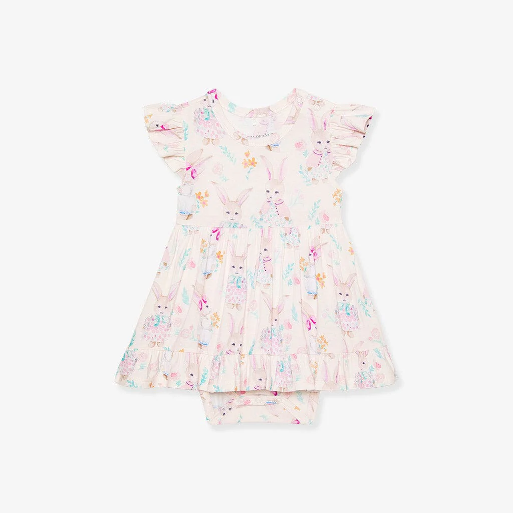 Bamboo Cap Sleeve Ruffled Twirl Bodysuit Dress - Clementine (Bunnies) - Image 2