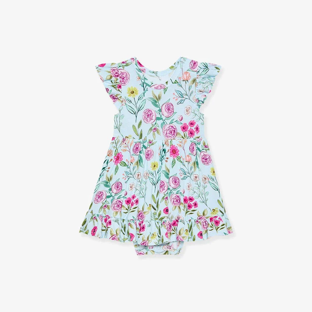 Bamboo Cap Sleeve Ruffled Twirl Bodysuit Dress - Tasha (Floral) - Image 2
