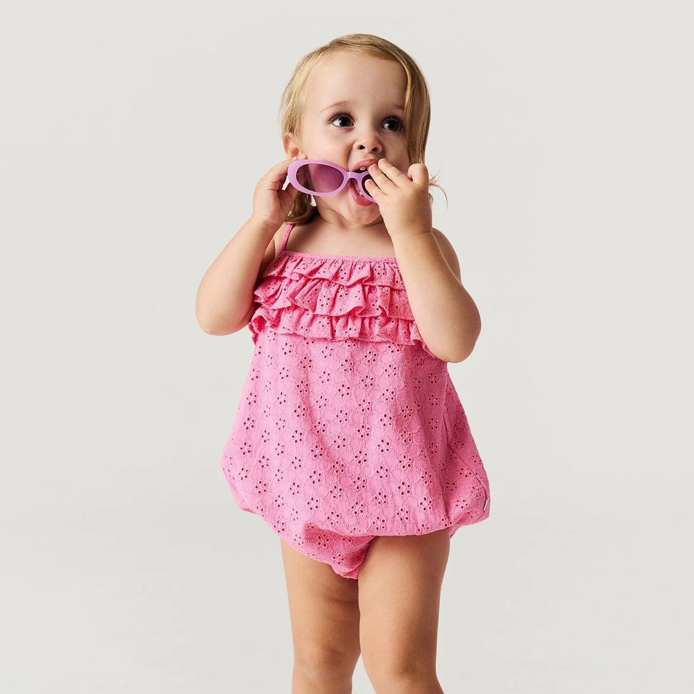 Eyelet Ruffled Bubble Romper - Aurora Pink - Image 2