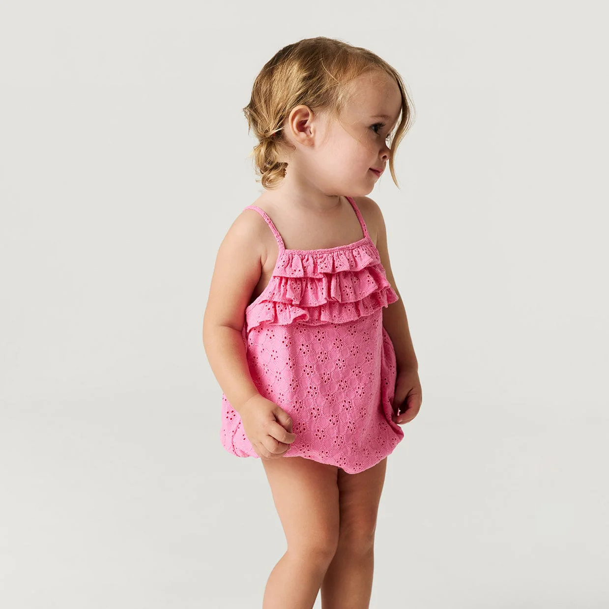 Eyelet Ruffled Bubble Romper - Aurora Pink - Image 4