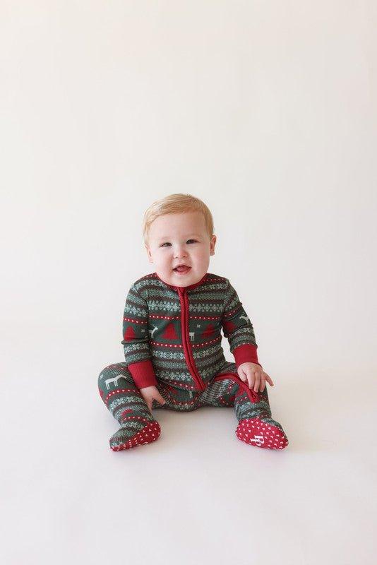 Bamboo Footie with Zipper - Holiday Fair Isle (Deer) - Image 3