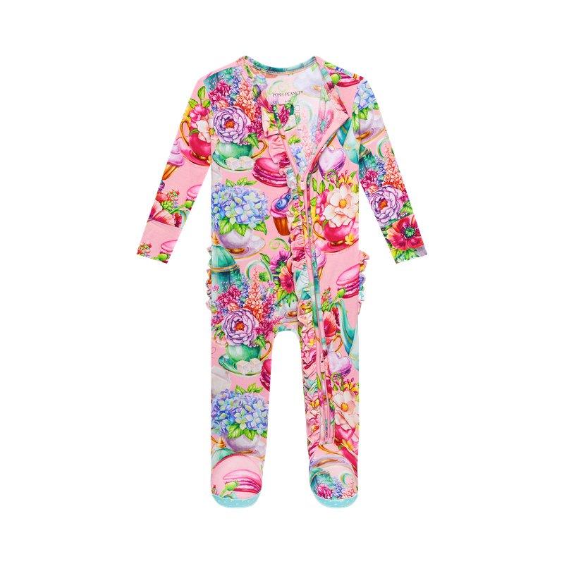 Girl's Bamboo Ruffle Footie with Zipper - Elizabeth (Floral) - Image 3