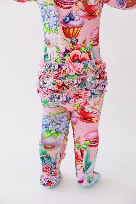 Girl's Bamboo Ruffle Footie with Zipper - Elizabeth (Floral) - Image 4